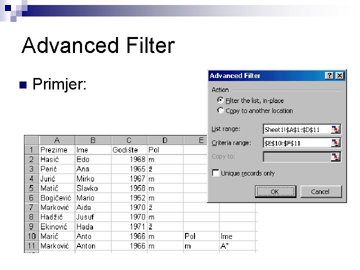 Advanced Filter n Primjer: 