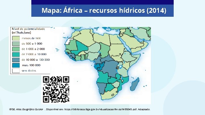 Mapa: África – recursos hídricos (2014) IBGE. Atlas Geográfico Escolar. Disponível em: https: //biblioteca.