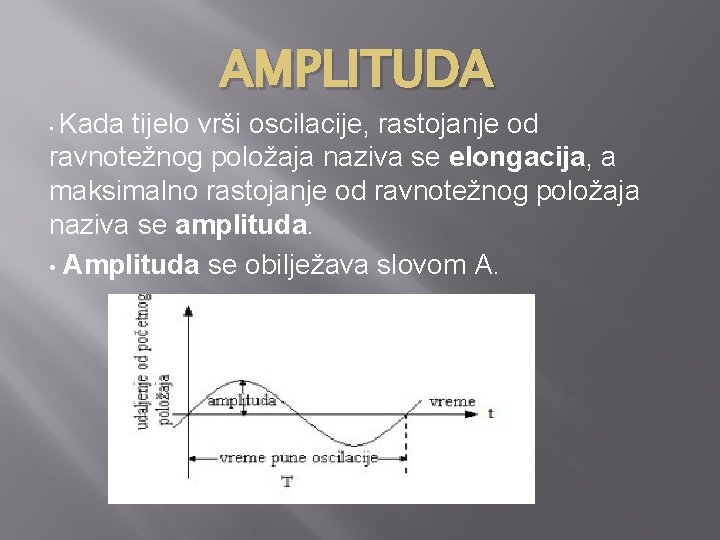 AMPLITUDA Kada tijelo vrši oscilacije, rastojanje od ravnotežnog položaja naziva se elongacija, a maksimalno