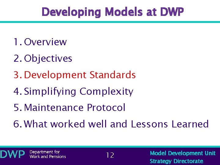 Developing Models at DWP 1. Overview 2. Objectives 3. Development Standards 4. Simplifying Complexity