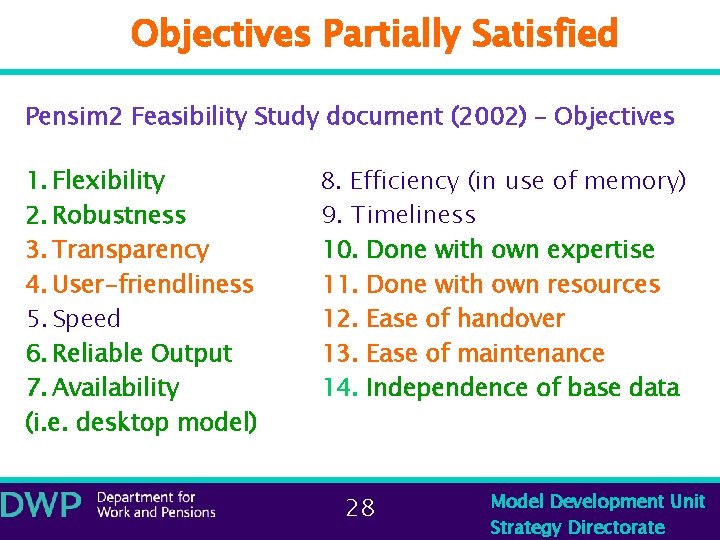 Objectives Partially Satisfied Pensim 2 Feasibility Study document (2002) – Objectives 1. Flexibility 2.