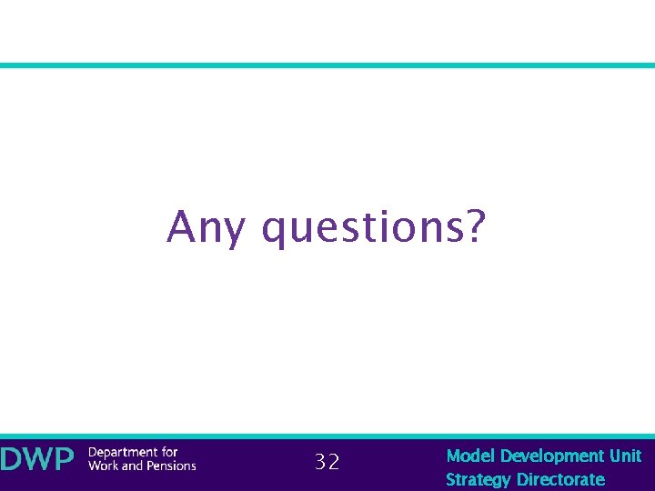Any questions? 32 Model Development Unit Strategy Directorate 