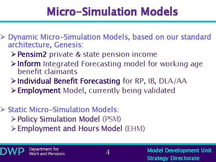 Micro-Simulation Models Ø Dynamic Micro-Simulation Models, based on our standard architecture, Genesis: Ø Pensim