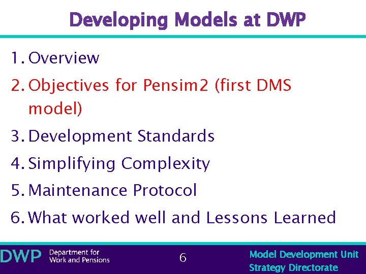 Developing Models at DWP 1. Overview 2. Objectives for Pensim 2 (first DMS model)
