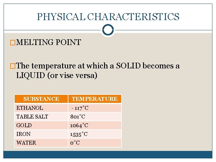 PHYSICAL CHARACTERISTICS �MELTING POINT �The temperature at which a SOLID becomes a LIQUID (or