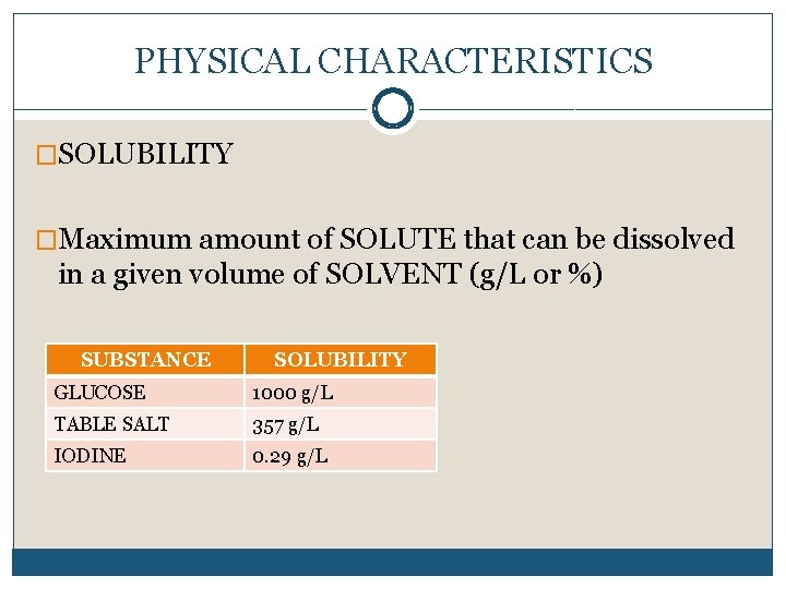 PHYSICAL CHARACTERISTICS �SOLUBILITY �Maximum amount of SOLUTE that can be dissolved in a given
