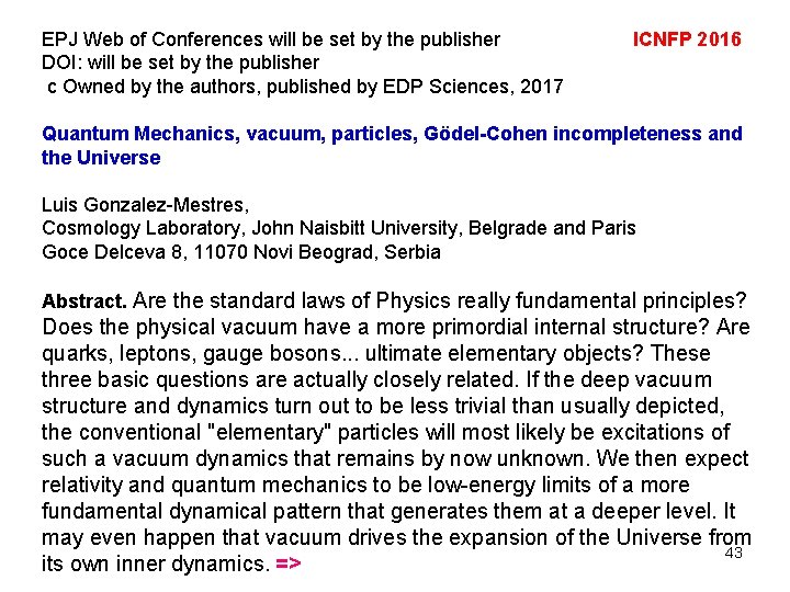 EPJ Web of Conferences will be set by the publisher DOI: will be set EPJ Web of Conferences will be set by the publisher DOI: will be set