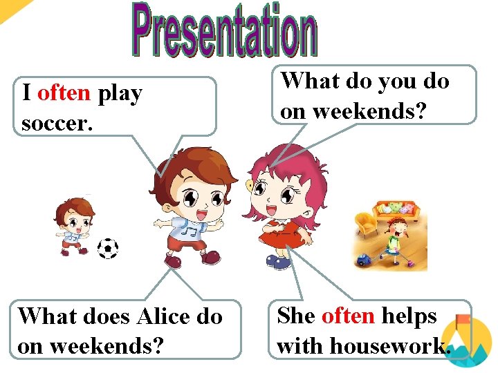I often play soccer. What do you do on weekends? What does Alice do