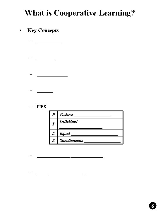 What is Cooperative Learning? • Key Concepts – _______________ – PIES P Positive _________ What is Cooperative Learning? • Key Concepts – _______________ – PIES P Positive _________