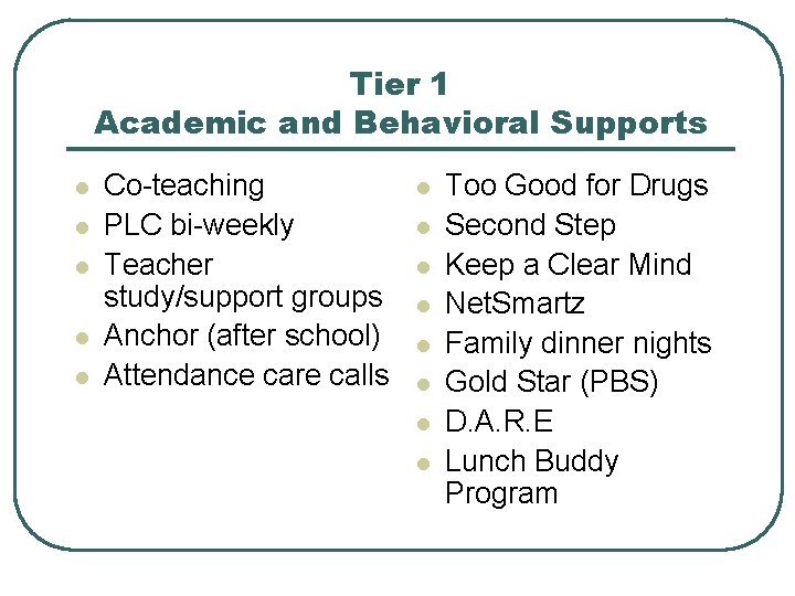 Tier 1 Academic and Behavioral Supports l l l Co-teaching PLC bi-weekly Teacher study/support
