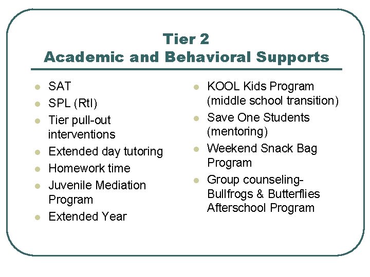 Tier 2 Academic and Behavioral Supports l l l l SAT SPL (Rt. I)