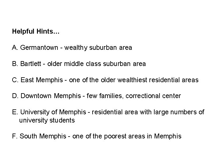 Helpful Hints… A. Germantown - wealthy suburban area B. Bartlett - older middle class