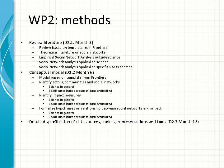 WP 2: methods • Review literature (D 2. 1: Month 3) – – –