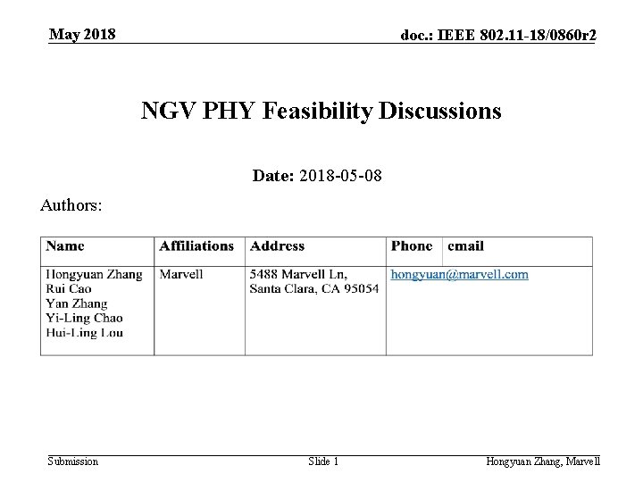 May 2018 doc. : IEEE 802. 11 -18/0860 r 2 NGV PHY Feasibility Discussions