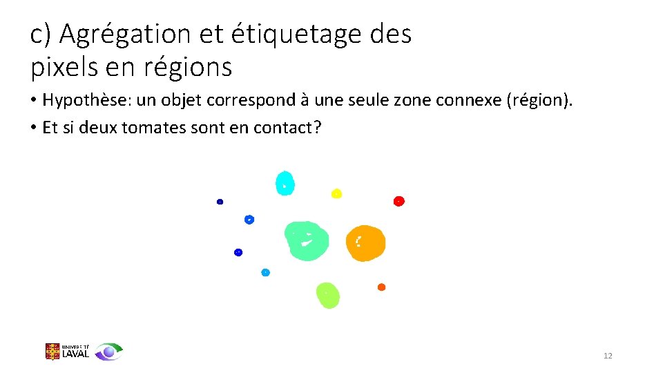 c) Agrégation et étiquetage des pixels en régions • Hypothèse: un objet correspond à