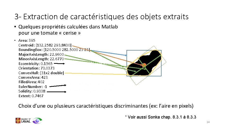 3 - Extraction de caractéristiques des objets extraits • Quelques propriétés calculées dans Matlab