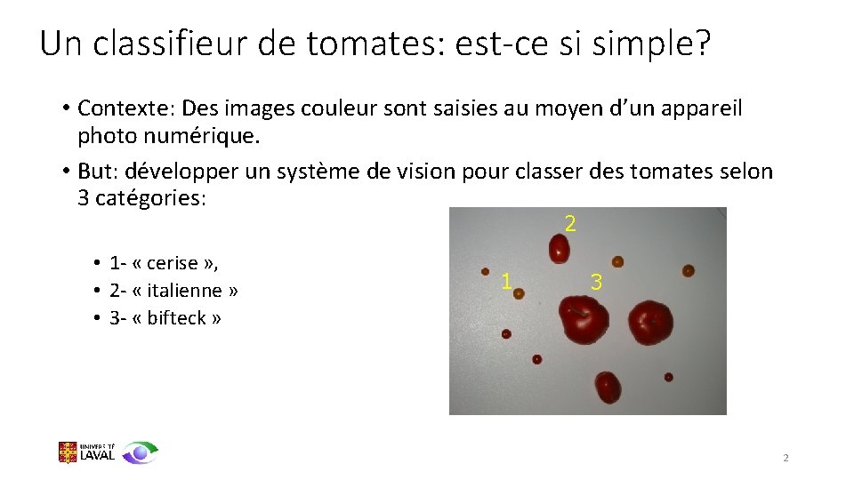 Un classifieur de tomates: est-ce si simple? • Contexte: Des images couleur sont saisies