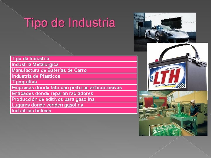 Tipo de Industria Metalúrgica Manufactura de Baterías de Carro Industria de Plásticos Tipografías Empresas