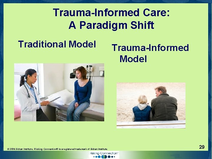 Trauma-Informed Care: A Paradigm Shift Traditional Model © 2006 Sidran Institute. Risking Connection® is