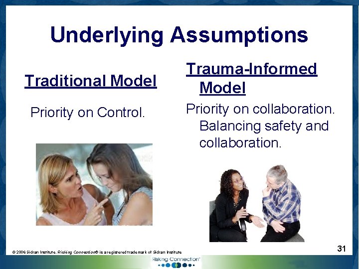 Underlying Assumptions Traditional Model Priority on Control. © 2006 Sidran Institute. Risking Connection® is