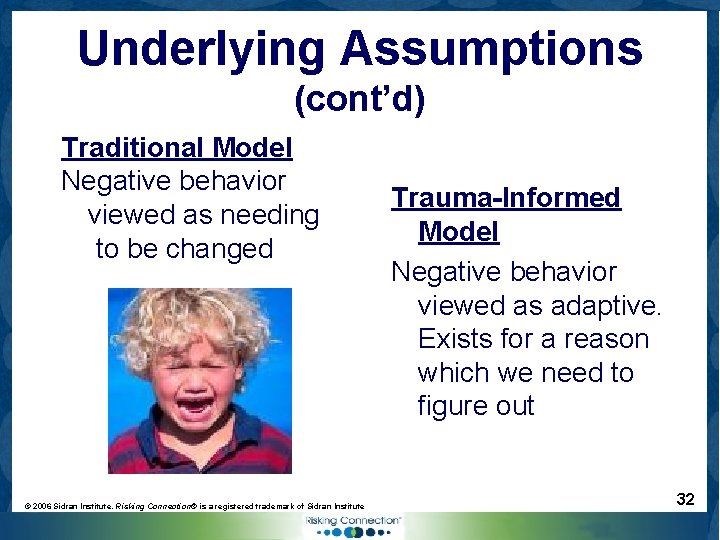 Underlying Assumptions (cont’d) Traditional Model Negative behavior viewed as needing to be changed ©