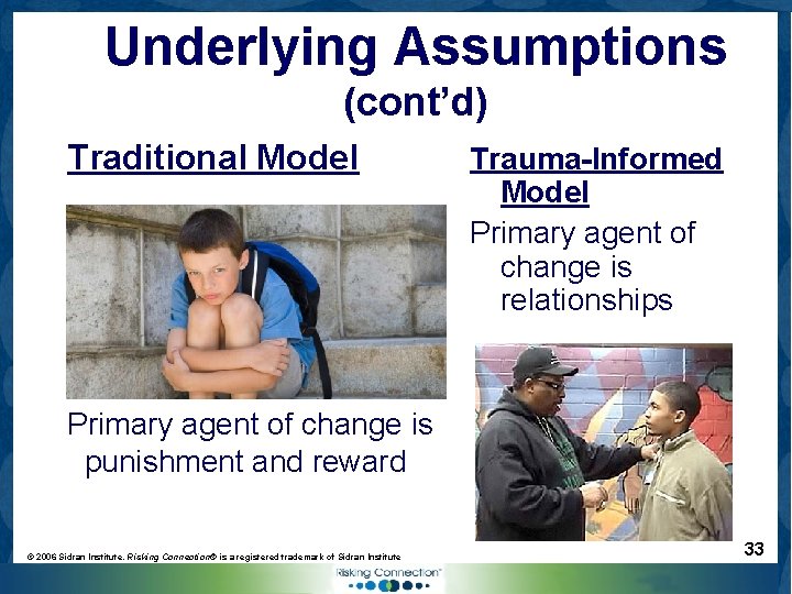 Underlying Assumptions (cont’d) Traditional Model Trauma-Informed Model Primary agent of change is relationships Primary