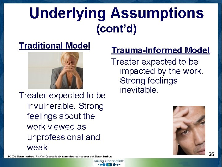 Underlying Assumptions (cont’d) Traditional Model Treater expected to be invulnerable. Strong feelings about the