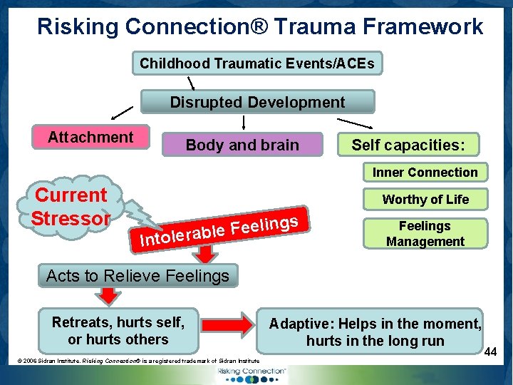 Risking Connection® Trauma Framework Childhood Traumatic Events/ACEs Disrupted Development Attachment Body and brain Self