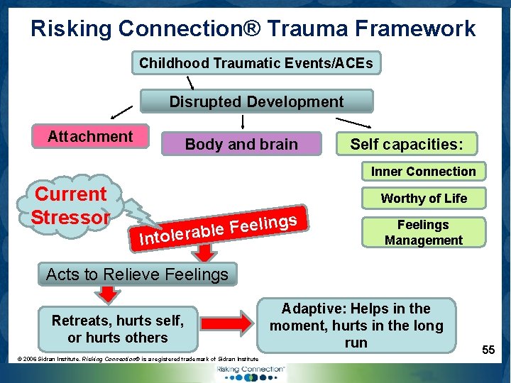 Risking Connection® Trauma Framework Childhood Traumatic Events/ACEs Disrupted Development Attachment Body and brain Self