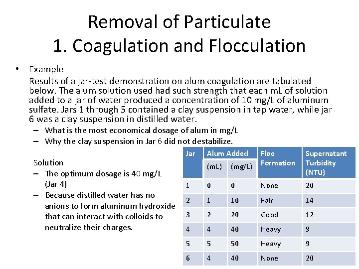 Removal of Particulate 1. Coagulation and Flocculation • Example Results of a jar-test demonstration Removal of Particulate 1. Coagulation and Flocculation • Example Results of a jar-test demonstration