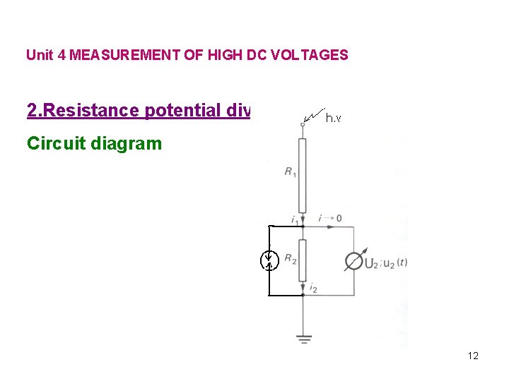 Unit 4 MEASUREMENT OF HIGH DC VOLTAGES 2. Resistance potential divider Circuit diagram 12