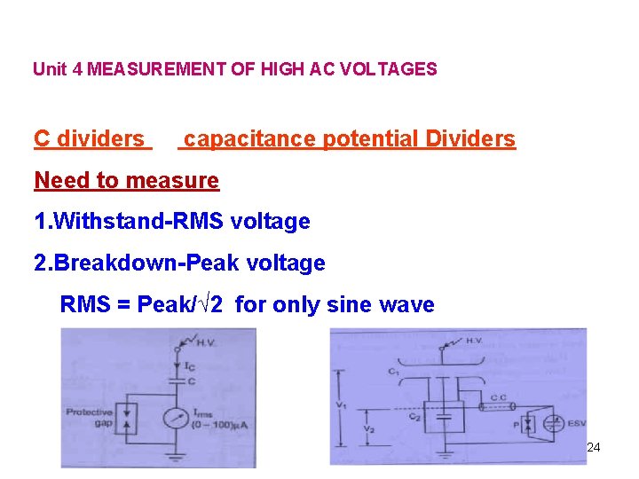 Unit 4 MEASUREMENT OF HIGH AC VOLTAGES C dividers capacitance potential Dividers Need to