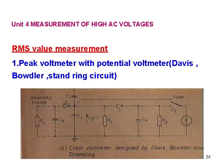 Unit 4 MEASUREMENT OF HIGH AC VOLTAGES RMS value measurement 1. Peak voltmeter with