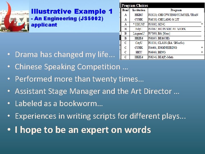 Illustrative Example 1 - An Engineering (JS 5002) Example 1 applicant • • •