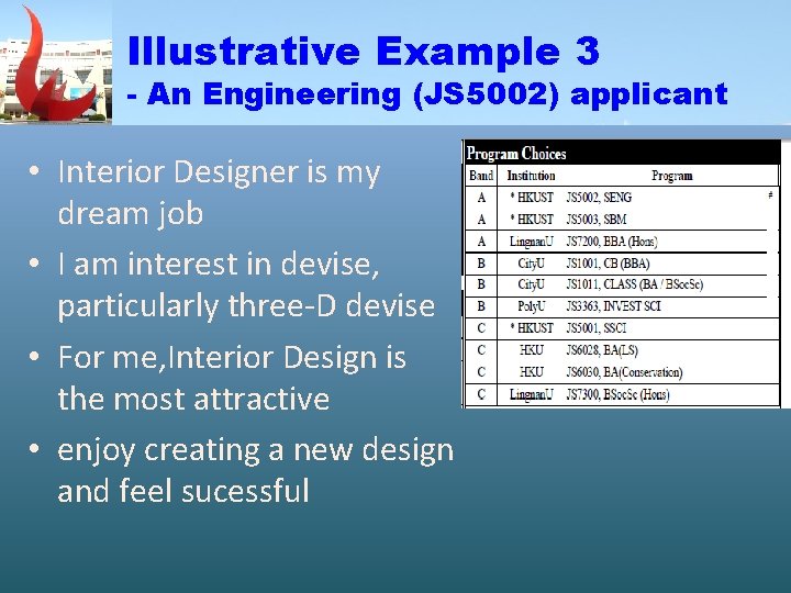 Illustrative Example 3 - An Engineering (JS 5002) applicant • Interior Designer is my