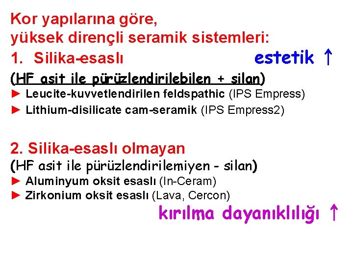 Kor yapılarına göre, yüksek dirençli seramik sistemleri: 1. Silika-esaslı estetik ↑ (HF asit ile