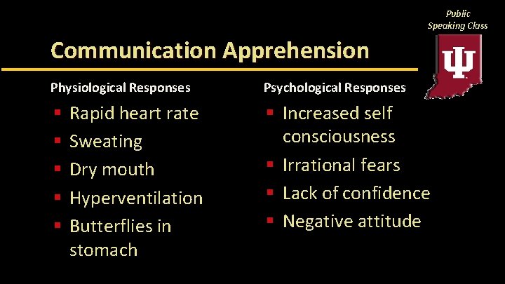 Public Speaking Class Communication Apprehension Physiological Responses § § § Rapid heart rate Sweating