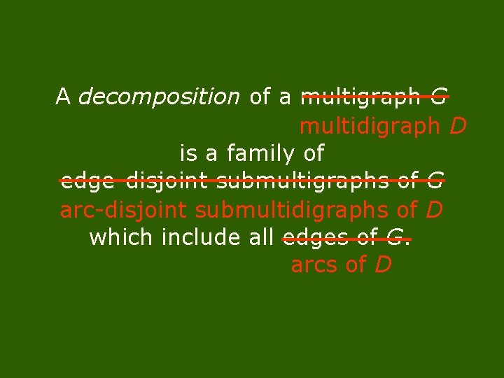 A decomposition of a multigraph G A decomposition of a multidigraph multigraph G D