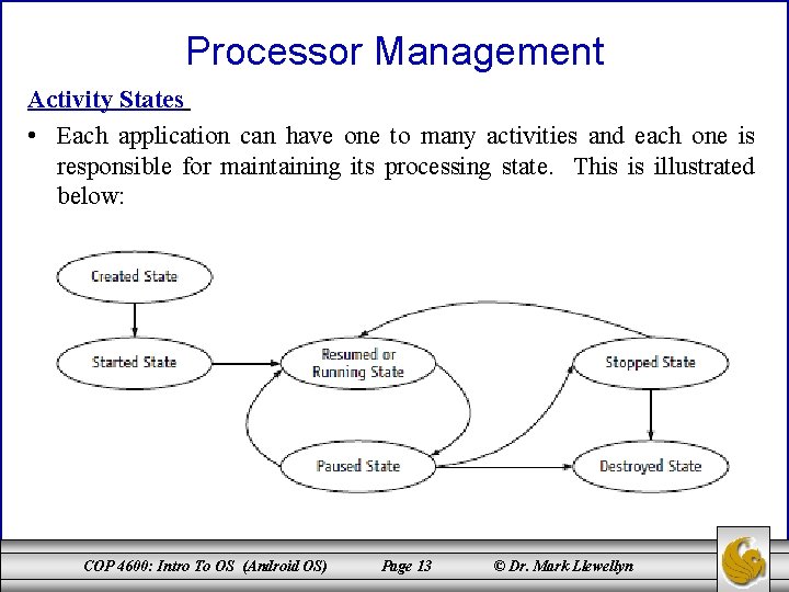 Processor Management Activity States • Each application can have one to many activities and