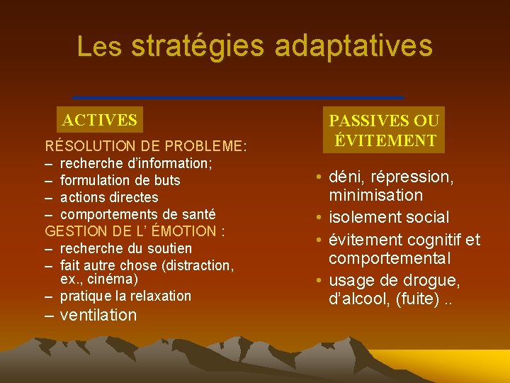 Les stratégies adaptatives ACTIVES RÉSOLUTION DE PROBLEME: – recherche d’information; – formulation de buts