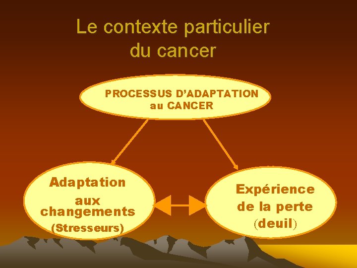 Le contexte particulier du cancer PROCESSUS D’ADAPTATION au CANCER Adaptation aux changements (Stresseurs) Expérience