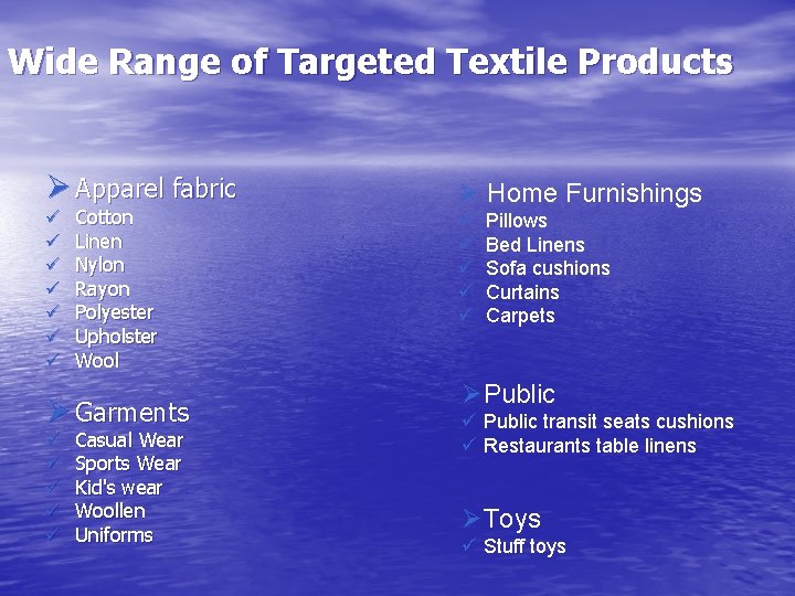 Wide Range of Targeted Textile Products Ø Apparel fabric ü ü ü ü Cotton