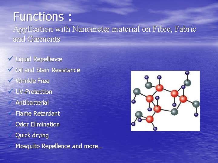 Functions : Application with Nanometer material on Fibre, Fabric and Garments ü Liquid Repellence