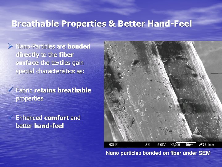 Breathable Properties & Better Hand-Feel Ø Nano-Particles are bonded directly to the fiber surface