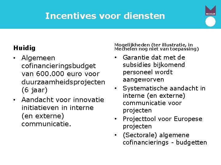 Incentives voor diensten Huidig Mogelijkheden (ter illustratie, in Mechelen nog niet van toepassing) •