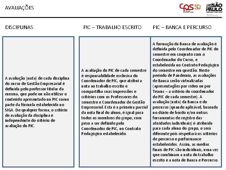 AVALIAÇÕES DISCIPLINAS A avaliação (nota) de cada disciplina do curso de Gestão Empresarial é