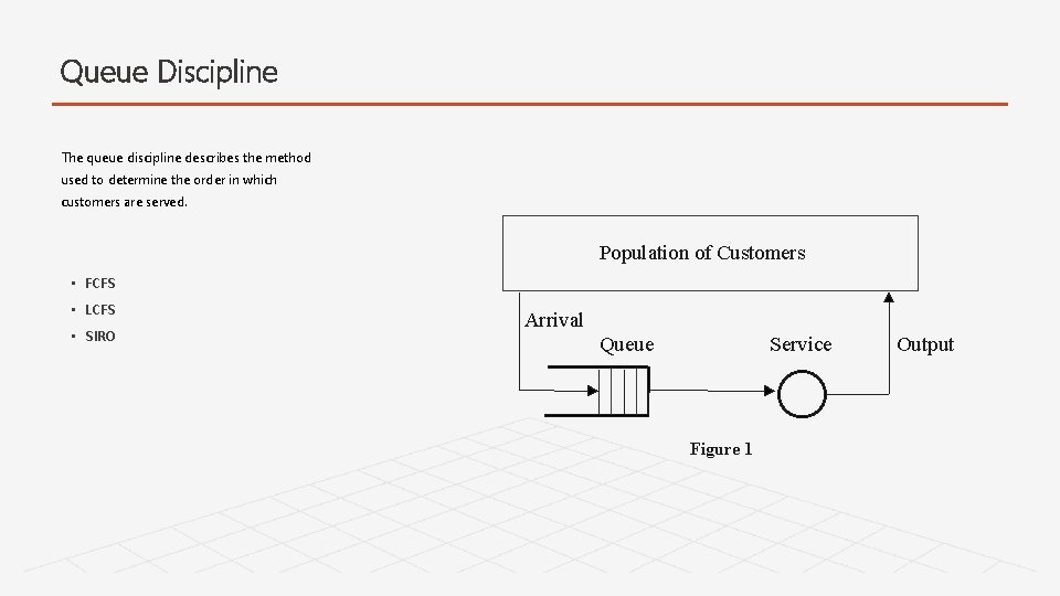 Queue Discipline The queue discipline describes the method used to determine the order in