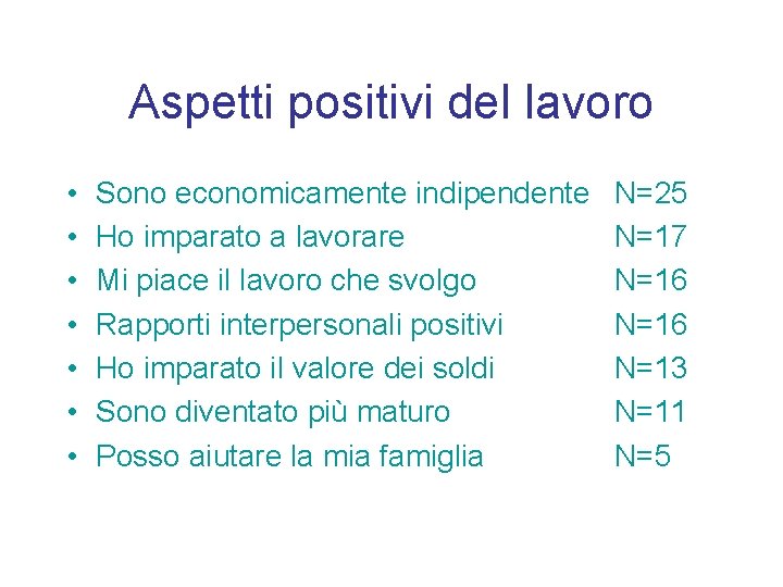 Aspetti positivi del lavoro • • Sono economicamente indipendente Ho imparato a lavorare Mi