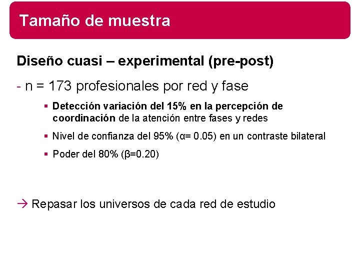 Tamaño de muestra Diseño cuasi – experimental (pre-post) - n = 173 profesionales por