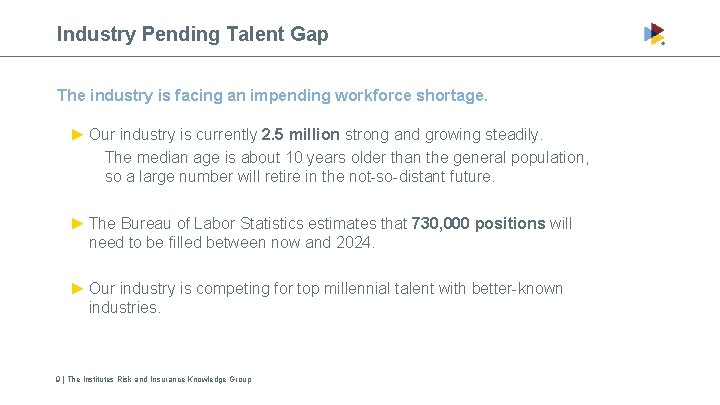 Industry Pending Talent Gap The industry is facing an impending workforce shortage. ► Our